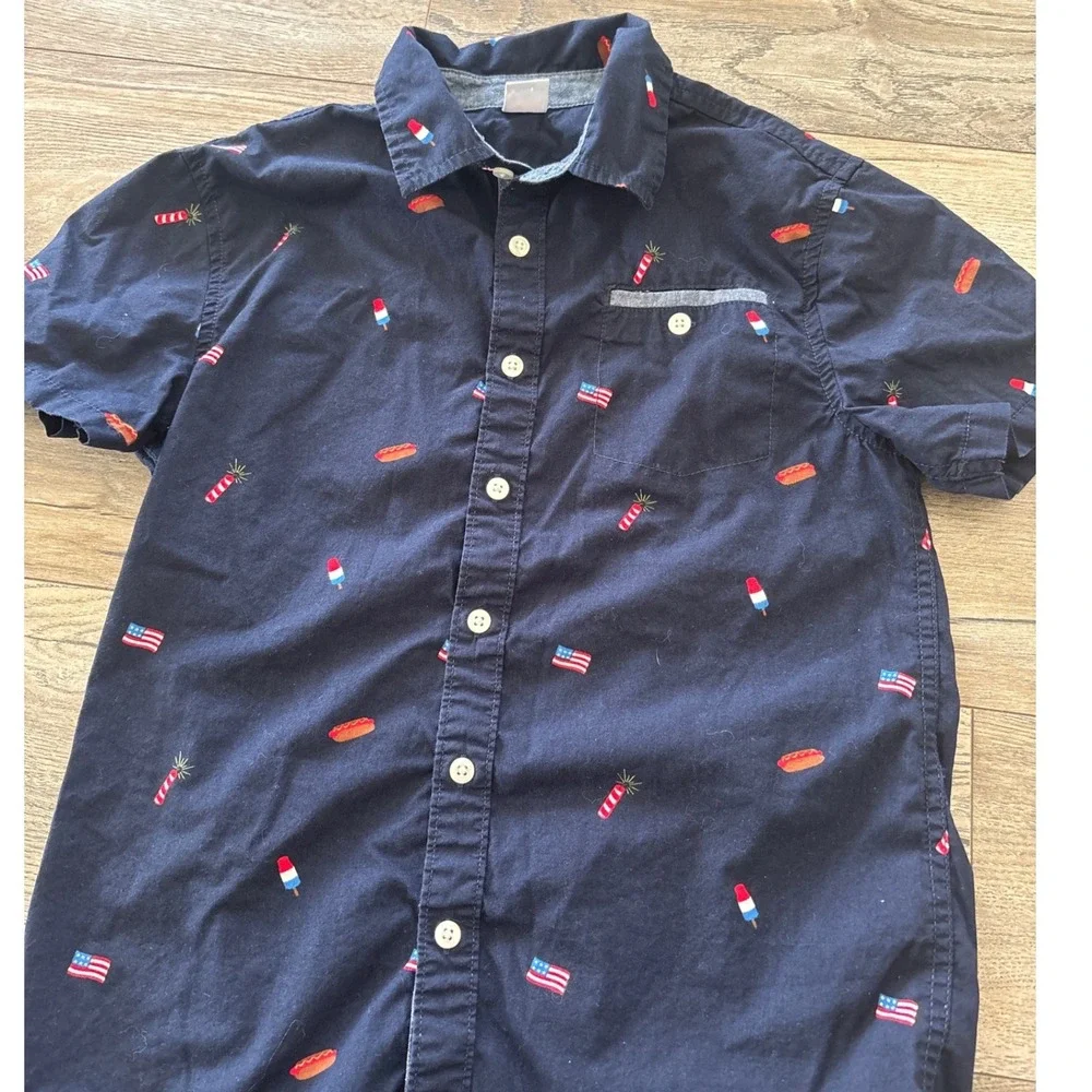 Gymboree Boys Navy Blue Americana All Over Print Button Down Shirt Size L 10-12